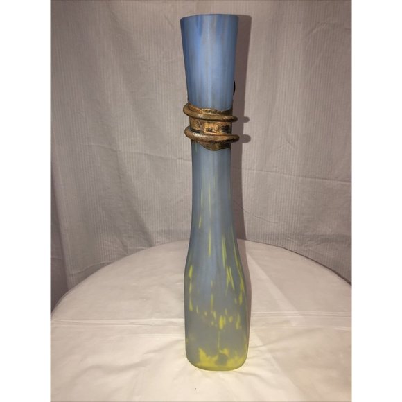 Handmade Blown Vase Engraved With Metal Blue Yellow Art Nouveau Style - Picture 3 of 9